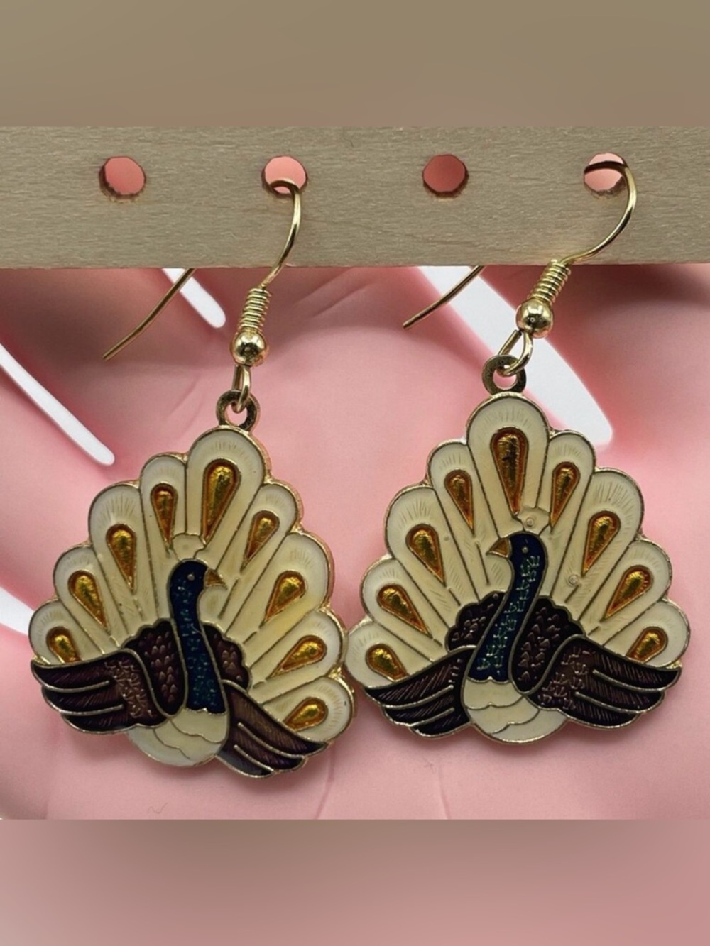 Gold Tone Multitone Enamel Cloisonné Peacock Dangle Earrings Hook Setting